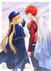  1boy 1girl absurdres artoria_caster_(fate) artoria_pendragon_(fate) blue_cape blue_cloak cape cloak commentary_request emiya_shirou fate/grand_order fate_(series) green_eyes highres holding holding_unworn_cape holding_unworn_clothes looking_at_another red_hair senji_muramasa_(fate) single_bare_shoulder smile toned toned_male unworn_cape white_cape yamano_udumi 