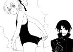  1girl adjusting_swimsuit ass darker_than_black flat_chest hei looking_at_viewer looking_back mask monochrome one-piece_swimsuit peko short_hair simple_background swimsuit thumbs_up white_background yin 