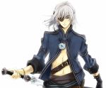  backlighting belt blue_eyes dagger eyepatch half_updo male silver_hair simple_background solo the_last_story tsubukiri weapon white_background yuris_(the_last_story) 