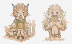  2girls animal_ears ankle_socks ankle_strap antlers apple baguette blonde_hair bow braid bread brick_floor brown_shoes cake cake_slice chair closed_mouth collared_shirt commentary crown_braid cup deer_antlers deer_ears deer_girl dress fence floral_print flower food freckles frilled_dress frilled_hairband frilled_sleeves frills frown fruit grapes green_dress green_hairband hair_bow hair_flower hair_ornament hairband highres holding holding_teapot holding_tray horns lace lace-trimmed_dress lace-trimmed_hairband lace_trim lolita_hairband long_hair long_sidelocks long_sleeves multiple_girls multiple_hair_bows naiguozi on_chair orange_eyes orange_hair orange_shirt original pantyhose petals picnic_basket picnic_blanket plant puffy_long_sleeves puffy_sleeves rose saucer shirt shirt_under_dress shoes sidelocks sitting smile socks teacup teapot tray twin_braids very_long_hair vines waist_bow wavy_sidelocks white_background white_bow white_dress white_flower white_hairband white_pantyhose wooden_fence yellow_eyes 
