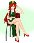  absurdres blue_eyes bow braid chair chourou crossed_legs full_body gradient gradient_background green_background hair_bow hat high_heels highres hong_meiling legs_crossed long_hair looking_at_viewer open_mouth red_hair redhead shoes short_sleeves sitting smile solo star teeth touhou twin_braids very_long_hair vest 