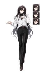  1boy :d aroused belt belt_buckle black_belt black_hair black_pants blush buckle collared_shirt commission cross cross_necklace curtained_hair degrees_of_lewdity double-parted_bangs dress_shoes fingernails frown hair_between_eyes highres holding holding_jewelry holding_necklace jewelry long_hair long_sleeves looking_at_viewer looking_to_the_side male_focus multiple_expressions necklace oxfords pants parted_hair partially_unbuttoned ronppang second-party_source shirt shirt_partially_tucked_in shoes simple_background smile standing sydney_(degrees_of_lewdity) sydney_(male)_(degrees_of_lewdity) turtleneck very_long_hair white_background white_shirt yellow_eyes 