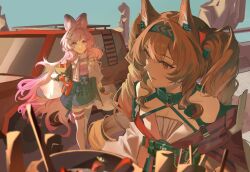  2girls ahoge angelina_(arknights) angelina_the_mellow_wish_(arknights) animal_ear_fluff animal_ears arknights black_collar black_hairband black_skirt blurry blurry_foreground brown_hair car carrot chinese_commentary collar commentary_request cooking_pot fingerless_gloves fox_ears fox_girl fur-trimmed_skirt fur_trim gloves hair_between_eyes hairband highres infection_monitor_(arknights) ji_ye-alexiel long_hair looking_at_another material_growth motor_vehicle multiple_girls orange_gloves oripathy_lesion_(arknights) outdoors pink_eyes pink_hair rabbit_ears rabbit_girl skirt sky smile thumpy_(arknights) twintails 
