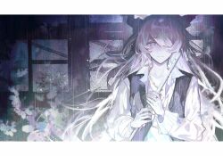  1boy animal_ears arknights black_vest border chinese_commentary closed_mouth commentary_request flower flute goat_boy goat_ears goat_horns gold_necklace hair_over_one_eye holding holding_flute holding_instrument horns instrument jewelry kreide_(arknights) letterboxed long_hair long_sleeves looking_at_viewer male_focus necklace one_eye_covered open_clothes open_collar open_vest rain shirt sleeve_cuffs smile solo straight-on upper_body very_long_hair vest vignetting violet_eyes white_border white_flower white_hair white_shirt window wing_collar yecai_baozi 
