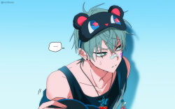  ... 1boy alien_stage aqua_eyes aqua_hair bags_under_eyes bandaid bandaid_on_face bandaid_on_nose black_tank_top earrings jewelry looking_to_the_side lucidkana male_focus necklace short_hair solo spoken_ellipsis sweat tank_top till_(alien_stage) twitter_username upper_body 