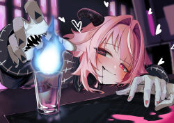 1girl @_@ absurdres backward-facing_horns bar_(place) black_eyes black_horns black_liquid blue_fire blush commentary_request cup drinking_glass drooling femme_soule fire hair_intakes hand_mouth heart heart-shaped_pupils heterochromia highres horns kurokuro_rakuga mismatched_pupils multicolored_hair pink_eyes pink_hair pukey_goddess_shot_trick smile solo streaked_hair symbol-shaped_pupils 