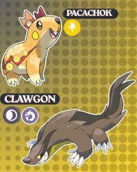  brown_background brown_fur character_name claws evolutionary_line fakemon highres mathneves012 no_humans open_mouth original outline pokemon pokemon_(creature) polka_dot polka_dot_background sharp_teeth sugimori_ken_(style) teeth upper_teeth_only white_outline 
