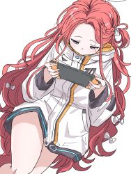  1girl bare_legs blue_archive bow braid commentary_request controller game_controller hair_bow highres holding holding_controller holding_game_controller jacket long_hair looking_down lying millennium_science_school_logo multiple_hair_bows oversized_jacket red_hair side_braid simple_background solo tachikaze_miyako very_long_hair violet_eyes white_background white_bow white_jacket yuzu_(blue_archive) 