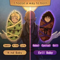  3boys :< :3 aged_down alternate_eye_color artist_name baby bald black_hair blonde_hair blush buttons choose_a_way_to_born_(meme) closed_mouth commentary english_commentary english_text engrish_text evil_grin evil_smile facial_hair frown goatee green_eyes grin hands_up highres jacket kingdom_hearts kingdom_hearts_birth_by_sleep looking_at_viewer male_focus master_xehanort meme multiple_boys old old_man outer_glow parted_lips pointy_ears protected_link ranguage shirt short_hair short_sleeves smile spiky_hair standing straight-on string thematchalight twitter_username vanitas_(kingdom_hearts) ventus_(kingdom_hearts) xehanort_(kingdom_hearts) yellow_eyes 