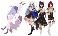  3girls alternate_costume ange_katrina animal_ears black_boots black_dress black_jacket black_shorts black_skirt blue_cape blue_cardigan blue_hair blue_skirt boots braid brown_boots brown_hair brown_shoes brown_tail buttons cape capelet cardigan closed_mouth collared_dress collared_jacket colored_inner_hair commentary_request dog_ears dog_girl dog_tail double-breasted dress earphones epaulettes fetal_position fold-over_boots frilled_skirt frilled_socks frills garter_straps gloves gold_trim grey_jacket grey_shirt grey_skirt hair_between_eyes hair_intakes hair_ornament hands_up hat heterochromia highres holding holding_microphone idol_clothes inui_toko jacket knee_boots layered_dress lize_helesta lize_helesta_(school_uniform) long_hair long_sidelocks long_sleeves looking_at_viewer low_twin_braids low_twintails medium_hair medium_skirt microphone multicolored_hair multiple_girls necktie nijisanji official_alternate_costume one_ear_down open_clothes open_jacket open_mouth orange_eyes people_hitobito pleated_dress pleated_skirt ponytail red_eyes red_hair red_necktie sanbaka_(nijisanji) school_uniform shared_earphones shirt shoes short_dress shorts side_cape sidelocks simple_background skirt sleeve_cuffs sleeveless sleeveless_dress smile socks streaked_hair tail tail_under_clothes thigh_boots twin_braids twintails two-tone_hair very_long_hair violet_eyes virtual_youtuber white_background white_boots white_capelet white_dress white_gloves white_hair white_hat white_jacket white_socks wireless_microphone 