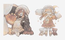  2girls animal_ears arm_up barefoot blonde_hair bloomers blush bow bowtie braid brown_bow brown_hair brushing_hair closed_mouth clouds collared_dress colored_eyelashes crescent crescent_moon curtains dot_mouth dress floating freckles frilled_dress_collar frilled_headwear frilled_nightgown frilled_pillow frilled_socks frills full_moon glasses hair_bow hair_brush hair_ornament hairband hat heart heart-shaped_pillow highres holding holding_brush holding_pillow kneehighs lace lace-trimmed_headwear lace-trimmed_nightgown lace_trim light_blush lolita_hairband long_hair long_sleeves mirror mob_cap moon moon_phases multiple_girls multiple_hair_bows naiguozi nightgown one_eye_closed open_mouth orange_bow orange_bowtie orange_eyes orange_nightgown original pillow puffy_long_sleeves puffy_sleeves ribbon ribbon_trim round_eyewear sheep_ears shoes short_hair sitting socks star_(symbol) star_hair_ornament striped_clothes striped_socks stuffed_animal stuffed_toy teddy_bear toes twin_braids vertical-striped_clothes vertical-striped_socks very_long_hair wavy_hair white_background white_bloomers white_bow white_eyelashes white_headdress white_nightgown white_ribbon white_shoes yellow_eyes 