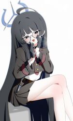  1girl absurdres black_gloves black_hair black_jacket blue_archive blue_halo commentary_request crossed_legs glasses gloves halo hands_on_own_face highres jacket long_hair long_sleeves nem_ren revision shirt shouko_(blue_archive) simple_background sitting solo thighs very_long_hair white_background white_shirt 