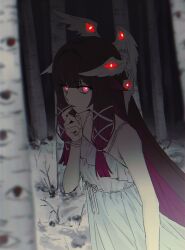  1girl absurdres alternate_eye_color birch_tree black_hair blunt_bangs colored_inner_hair columbina_(genshin_impact) commentary_request dress finger_to_mouth forest genshin_impact glowing glowing_eyes head_wings highres long_hair looking_at_viewer multicolored_hair nature outdoors parted_lips purple_hair red_eyes sidelocks solo sundress tree two-tone_hair white_dress wings zx277x 