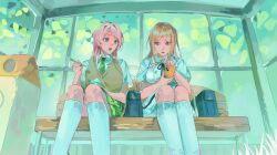  2girls arr_(h_kt_hkt) bag bang_dream! bang_dream!_it's_mygo!!!!! blue_bag brown_hair cellphone chihaya_anon commentary_request dress earphones food green_skirt grey_eyes haneoka_school_uniform highres holding holding_phone ice_cream long_hair multiple_girls nagasaki_soyo phone pink_hair plaid_clothes plaid_skirt pleated_skirt school_bag school_uniform second-party_source shared_earphones sitting skirt smartphone socks tsukinomori_school_uniform white_dress white_socks 