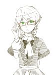  adjusting_glasses alternate_hairstyle ascot bespectacled blush braid frown glasses green_eyes kahasina kawashina_(momen_silicon) mizuhashi_parsee monochrome pointy_ears short_hair solo spot_color touhou twin_braids 
