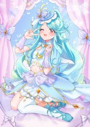 1girl :d ;d blue_bow blue_bowtie blue_capelet blue_hair blue_hat blue_nails blue_ribbon blue_shoes blue_skirt blue_thighhighs blue_tube_top boater_hat bow bowtie bridal_gauntlets brooch butterfly_hat_ornament capelet commentary_request cure_eclair curled_ends flat_chest full_body gradient_hair green_hair hat hat_ornament hat_ribbon heart heart_brooch highres hitoha_koduku howa_kurea jewelry long_hair magical_girl meitantei_precure! midriff multicolored_hair nail_polish navel one_eye_closed open_mouth precure purple_bridal_gauntlets red_eyes ribbon shoes single_thighhigh sitting skirt smile solo split_ponytail strapless thigh-highs tube_top two-tone_hair very_long_hair w 