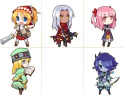  2girls 3boys allujah aqua_hat aqua_robe armor arrow_(projectile) blonde_hair blue_hair blue_skin book boots bow_(weapon) braid brown_boots buckler capelet chibi chibi_only closed_mouth coat colored_skin curtained_hair dark-skinned_male dark_skin fang grey_hair hair_over_one_eye hat headscarf holding holding_arrow holding_book holding_bow_(weapon) holding_shield holding_sword holding_weapon legs_apart long_hair looking_at_viewer medic_(sekaiju_4) medic_4_(sekaiju_4) multiple_boys multiple_girls mystic_(sekaiju) mystic_1_(sekaiju) official_alternate_color one_eye_covered open_book open_clothes open_coat open_mouth pink_hair plaid_clothes plaid_skirt pointy_ears profile red_coat red_skirt robe rune_master_(sekaiju) rune_master_1_(sekaiju) sekaiju_no_meikyuu sekaiju_no_meikyuu_4 shield sidelocks skirt smile standing subclass_(sekaiju) sword swordsman_(sekaiju_4) swordsman_4_(sekaiju_4) twin_braids two_side_up weapon white_background yellow_skirt 