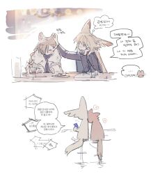  2girls =_= animal_ears arknights black_jacket blonde_hair brown_hair closed_eyes drunk ear_rubbing fox_ears fox_girl fur_jacket highres jacket korean_text multiple_girls notched_ear official_alternate_costume penance_(arknights) penance_(occasionally_flushed)_(arknights) translation_request vulpisfoglia_(arknights) white_jacket wolf_ears wolf_girl yellow_eyes yuri zumama 