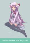  :o argyle argyle_legwear bad_id bow breasts character_name crescent dress hair_bow hat hat_ribbon kurobuta_gekkan large_breasts long_hair mukyuu patchouli_knowledge purple_hair red_eyes ribbon sitting solo thigh-highs thighhighs touhou v_arms vertical_stripes yokozuwari zettai_ryouiki 