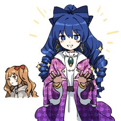  +_+ 2girls :d bangle blue_bow blue_eyes blue_hair blush bow bracelet commentary_request cosplay costume_switch cropped_torso dress drill_hair drooling earrings grin hair_bow jewelry jitome kaigen_1025 long_hair looking_at_another looking_down mouth_drool multiple_girls ring siblings sisters smile solo_focus sparkle touhou twin_drills upper_body very_long_hair wide_sleeves yorigami_jo'on yorigami_shion 