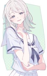  1girl bang_dream! bang_dream!_our_notes blue_eyes blue_neckerchief blush commentary e20 hanasakigawa_school_uniform hand_up highres looking_at_viewer mahashi_miku neckerchief open_mouth pleated_skirt sailor_collar school_uniform serafuku shirt short_sleeves skirt solo white_hair white_sailor_collar white_shirt white_skirt 