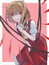  1girl ascot blonde_hair border collared_shirt commentary_request corrupted_twitter_file crystal crystal_wings finger_to_mouth flandre_scarlet frilled_skirt frills grin highres leaning_forward long_hair looking_at_viewer missing_headwear mochi_mugi one_side_up outside_border pink_background puffy_short_sleeves puffy_sleeves red_eyes red_skirt red_vest shirt short_sleeves shushing skirt skirt_set smile solo touhou vest white_border white_shirt wings yellow_ascot 