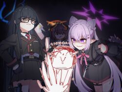  1boy 3girls armband arms_behind_back ascot black_gloves black_jacket black_sleeves blue_archive blue_halo character_request cone_hair_bun demon_horns detached_sleeves doodle_sensei_(blue_archive) fishnet_thighhighs fishnets glasses gloves hair_bun half_gloves halo hand_on_own_hip highres hime_cut holding holding_notebook holster horns jacket karen_(blue_archive) leaning_forward long_hair multicolored_horns multiple_girls necktie notebook partially_shaded_face pink_ascot pink_ribbon pointy_ears purple_halo red_necktie ribbon sensei_(blue_archive) shouko_(blue_archive) smile thigh-highs two-tone_horns yukine_sama 