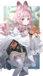  1girl absurdres ahoge animal_ear_fluff animal_ears arknights artist_name black_shoes black_skirt border cape carrot fingerless_gloves food fruit gloves highres long_hair looking_at_viewer material_growth nori6272210 object_floating_above_hand orange_(fruit) orange_gloves oripathy_lesion_(arknights) pink_eyes pink_hair pink_shirt rabbit_ears rabbit_girl shirt shoes skirt smile solo standing standing_on_one_leg thigh-highs thumpy_(arknights) white_border white_cape white_thighhighs 