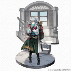  1girl absurdres animal_ears arrow_(projectile) backpack bag bow_(weapon) braid braided_twintails closed_mouth commentary company_name compass english_commentary fire_emblem fire_emblem_shadows full_body glasses gloves grey_hair highres holding holding_bow_(weapon) holding_weapon long_hair looking_at_viewer mouse_ears mouse_girl official_art quiver round_eyewear second-party_source solo suda_ayaka tail violet_eyes weapon yuyo_(fire_emblem) 