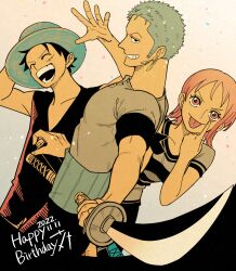  1girl 2boys akanbe birthday black_hair commentary_request cowboy_shot dated earrings eyelid_pull finger_to_eye green_hair grin happy_birthday haramaki hat holding holding_sword holding_weapon jewelry katana kiyoshita looking_at_viewer monkey_d._luffy multiple_boys nami_(one_piece) one_piece open_hand open_mouth orange_hair red_vest roronoa_zoro scar scar_on_cheek scar_on_face shirt short_hair short_sleeves smile straw_hat straw_hat_pirates sword tongue tongue_out vest weapon white_shirt 