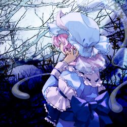  1girl back_bow belt blue_belt blue_bow blue_dress blue_hat blue_kimono blue_theme bow branch closed_eyes commentary_request dress flower frilled_kimono frills ghost hair_between_eyes hand_up hat hitodama japanese_clothes juliet_sleeves kaigen_1025 kimono long_sleeves mob_cap no_mouth pink_flower pink_hair puffy_sleeves ribbon saigyouji_yuyuko short_hair solo standing touhou tree triangular_headpiece upper_body white_ribbon wide_sleeves 