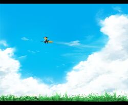  1girl black_hat black_skirt black_vest blonde_hair blue_sky broom broom_riding clouds day flying from_side full_body grass hat kirisame_marisa letterboxed outdoors puffy_short_sleeves puffy_sleeves scenery shirt short_sleeves skirt sky solo tekepon touhou vest white_shirt wide_shot witch_hat 