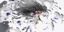  1girl absurdres amiya_(arknights) amiya_(demon_king)_(arknights) animal_ear_fluff animal_ears arknights barefoot blue_eyes brown_hair chinese_commentary civilight_eterna_(arknights) commentary_request crown disembodied_hand dress egg eiki- floating_crown from_above full_body hair_over_one_eye highres long_hair looking_at_viewer material_growth one_eye_covered planet rabbit_ears rabbit_girl ruins solo standing torn_clothes veil white_dress 