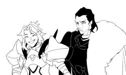  1boy 1girl agravain_(fate) armor brother_and_sister cape chinese_commentary closed_eyes commentary_request fate/grand_order fate_(series) fur-trimmed_cape fur_trim furrowed_brow grin hair_slicked_back happy looking_at_viewer monochrome mordred_(fate) parted_bangs pauldrons ponytail serious short_hair shoulder_armor siblings smile whaaa000 