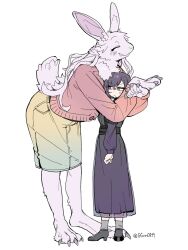  2girls animal_ears animal_feet animal_hands animal_nose arms_around_neck artist_name bang_dream! bang_dream!_yumemita blush claws closed_eyes dress fang feet fuji_miyako fuji_miyako_(real) full_body furrification furrowed_brow furry furry_female grey_hair guagua977 height_difference high_heels highres hug long_dress long_hair long_sleeves looking_at_another miyanaga_nonoka miyanaga_nonoka_(real) multiple_girls pencil_skirt purple_dress purple_hair rabbit_ears rabbit_girl short_hair skirt smile socks standing sweat sweater twitter_username violet_eyes white_background yuri 