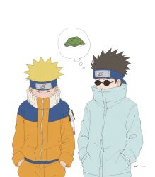  2boys aburame_shino blonde_hair brown_hair closed_eyes commentary facial_mark forehead_protector grey_jacket hands_in_pockets high_collar highres jacket konohagakure_symbol long_sleeves male_focus multiple_boys naruto_(classic) naruto_(series) orange_jacket orange_pants pants speech_bubble spiky_hair sunglasses thought_bubble turtle_shell untranslatable_commentary uzumaki_naruto whisker_markings white_background xi_illili 