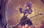  1girl armor black_legwear blue_eyes breasts elf female gloves happy looking_at_viewer open_mouth plant pointy_ears purple_hair short_hair shorts smile solo staff thigh-highs thighhighs tree warcraft weapon windforcelan world_of_warcraft zettai_ryouiki 