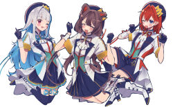  3girls :3 :d :p ^_^ ange_katrina animal_ears beret blue_eyes blue_gloves blue_hair blue_hat blue_ribbon blue_shorts blue_skirt blue_socks blue_thighhighs blush_stickers boots brown_hair brown_ribbon closed_eyes colored_inner_hair commentary_request contrast_lapels crown_hat_ornament dog_ears dog_girl fang frilled_skirt frills gloves grey_hair hair_intakes hand_up hands_up hat high_heel_boots high_heels highres idol_clothes index_finger_raised inui_toko jacket lapels lize_helesta long_hair long_sidelocks looking_at_viewer low_twintails miniskirt multicolored_hair multiple_girls neck_ribbon nijisanji one_eye_closed people_hitobito red_hair red_ribbon ribbon sanbaka_(nijisanji) sanbaka_anniversary_outfit short_sleeves shorts sidelocks simple_background single_hair_intake single_wrist_cuff skirt smile socks streaked_hair thigh-highs thigh_strap tongue tongue_out twintails two-tone_hair v-shaped_eyebrows very_long_hair violet_eyes virtual_youtuber white_background white_boots white_jacket white_wrist_cuffs wrist_cuffs wrist_ribbon zettai_ryouiki 