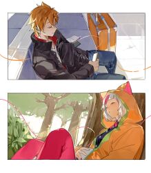  2girls against_tree animal_ear_hood bench black_jacket blue_pants blush bokyo border cellphone closed_eyes closed_mouth cross_tie dated_commentary denim hassaku_yuzu hassaku_yuzu_(1st_costume) highres holding holding_phone hood hood_up hooded_jacket jacket jeans knees_up leather leather_jacket long_sleeves medium_hair multicolored_hair multicolored_nails multiple_girls nail_polish nakao_azuma nakao_azuma_(1st_costume) nijisanji nose_blush on_bench orange_hair orange_jacket outside_border pants pantyhose parted_lips phone pink_cross_tie pink_hair pink_pantyhose short_hair sitting sleeping smartphone smile streaked_hair suitcase tree two-tone_hair virtual_graduation_commemoration virtual_youtuber white_border white_hair 