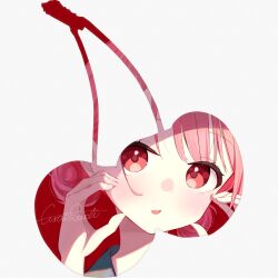  1girl blush cherry commentary_request cropped_head double_bun double_exposure food fruit furai_sachi hair_bun hands_on_own_cheeks hands_on_own_face hands_up highres looking_at_viewer original parted_lips pink_eyes pink_hair signature simple_background solo watermark white_background 