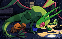  bench berry_(pokemon) black_eyes bright_pupils claws commentary cracklewink english_commentary flygon highres night no_humans open_mouth oran_berry outdoors pokemon pokemon_(creature) puddle rain ripples trapinch white_pupils 