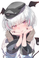  1girl absurdres alternate_hair_length_(shorter) asumi_sena asumi_sena_(3rd_costume) black_dress black_hat blush cheek_press coat commentary demon_tail dress flat_cap grey_hair hair_ornament hands_on_own_cheeks hands_on_own_face hat head_wings highres jewelry layered_skirt layered_sleeves looking_at_viewer multicolored_hair oa_(or_12o) official_alternate_costume official_alternate_hairstyle pink_eyes pink_streaks quilted_coat raised_eyebrow ring see-through_clothes see-through_sleeves short_hair simple_background skirt solo streaked_hair tail upper_body virtual_youtuber vspo! white_background white_coat wings x_hair_ornament 
