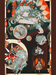  1girl absurdres artist_request border chibi chinese_commentary closed_mouth commentary_request curtains dress frills grey_eyes grey_hair highres jester long_hair looking_at_viewer multiple_views original 