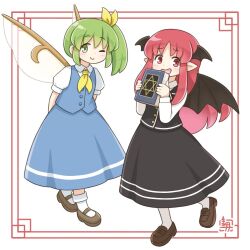  2girls artist_logo black_jacket black_skirt black_wings blue_jacket blue_skirt book bow brown_shoes daiyousei fairy fairy_wings green_eyes green_hair hair_bow head_wings holding holding_book jacket kitagawa_suigetsu koakuma logo looking_at_viewer multiple_girls necktie one_eye_closed open_mouth pink_hair pointy_ears red_eyes shirt shoes side_ponytail skirt socks thigh-highs touhou white_background white_shirt white_socks white_thighhighs wings yellow_bow yellow_necktie 