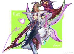  1girl 6ekoh :d artist_name asymmetry axe barefoot bilibili_logo border butterfly_wings capelet coin colored_skin commentary_request deviantt_(fargo's_mod) fairy fargo's_mod_(terraria_mod) foot_out_of_frame green_background grey_capelet grey_robe hat heart highres holding holding_weapon insect_wings living_weapon long_hair looking_at_viewer low-tied_sidelocks multicolored_skin mutation necktie pointy_ears red_eyes red_necktie robe see-through_arms sidelocks simple_background smile solo standing standing_on_one_leg terraria v very_long_hair weapon white_border white_hair white_mouth wings witch witch_hat 