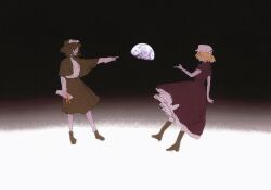  2girls ashashio bare_arms black_boots black_capelet black_hat black_skirt blonde_hair boots bow capelet collared_capelet commentary dress earth_(planet) english_commentary floating frilled_dress frills full_body hair_over_eyes hat hat_bow highres holding holding_paper knee_boots long_dress long_sleeves maribel_hearn medium_skirt mob_cap multiple_girls orange_bow paper parted_lips planet pleated_dress pleated_skirt pointing puffy_long_sleeves puffy_short_sleeves puffy_sleeves purple_dress shirt shirt_tucked_in short_sleeves skirt sleeves_past_wrists space talking teeth touhou usami_renko white_bow white_hat white_shirt 