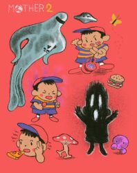  1boy bandaid bandaid_on_face baseball_cap black_hair blush bug burger butterfly chibi child food hat li'l_ufo mother_(series) mother_2 multiple_views mushroom ness_(mother_2) pizza plastiboo ramblin'_evil_mushroom red_background scared shirt sideways_hat starman_(mother) striped_clothes striped_shirt ufo yo-yo 