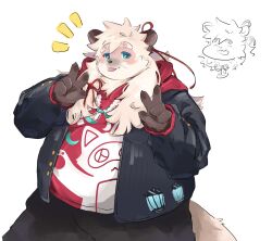  1boy animal_ears belly black_jacket black_pants blush closed_eyes closed_mouth commentary doodle_inset double_w fat furry furry_male highres hood hood_down hoodie jacket looking_at_viewer male_focus mangkhudpp0 notice_lines open_mouth pants pawpads raccoon_boy raccoon_ears raccoon_tail red_hoodie tail tasaburo_(housamo) tokyo_afterschool_summoners tongue tongue_out w whiskers white_background 