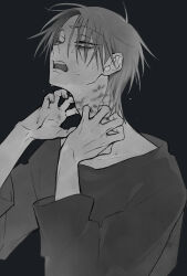  1boy alien_stage clairon commentary greyscale hands_on_own_neck long_sleeves male_focus monochrome open_mouth scar scar_on_neck shirt short_hair solo till_(alien_stage) untranslatable_commentary 