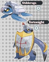  evolutionary_line fakemon grey_background highres looking_at_viewer mathneves012 no_humans original pokemon pokemon_(creature) polka_dot polka_dot_background shield sugimori_ken_(style) turtle 